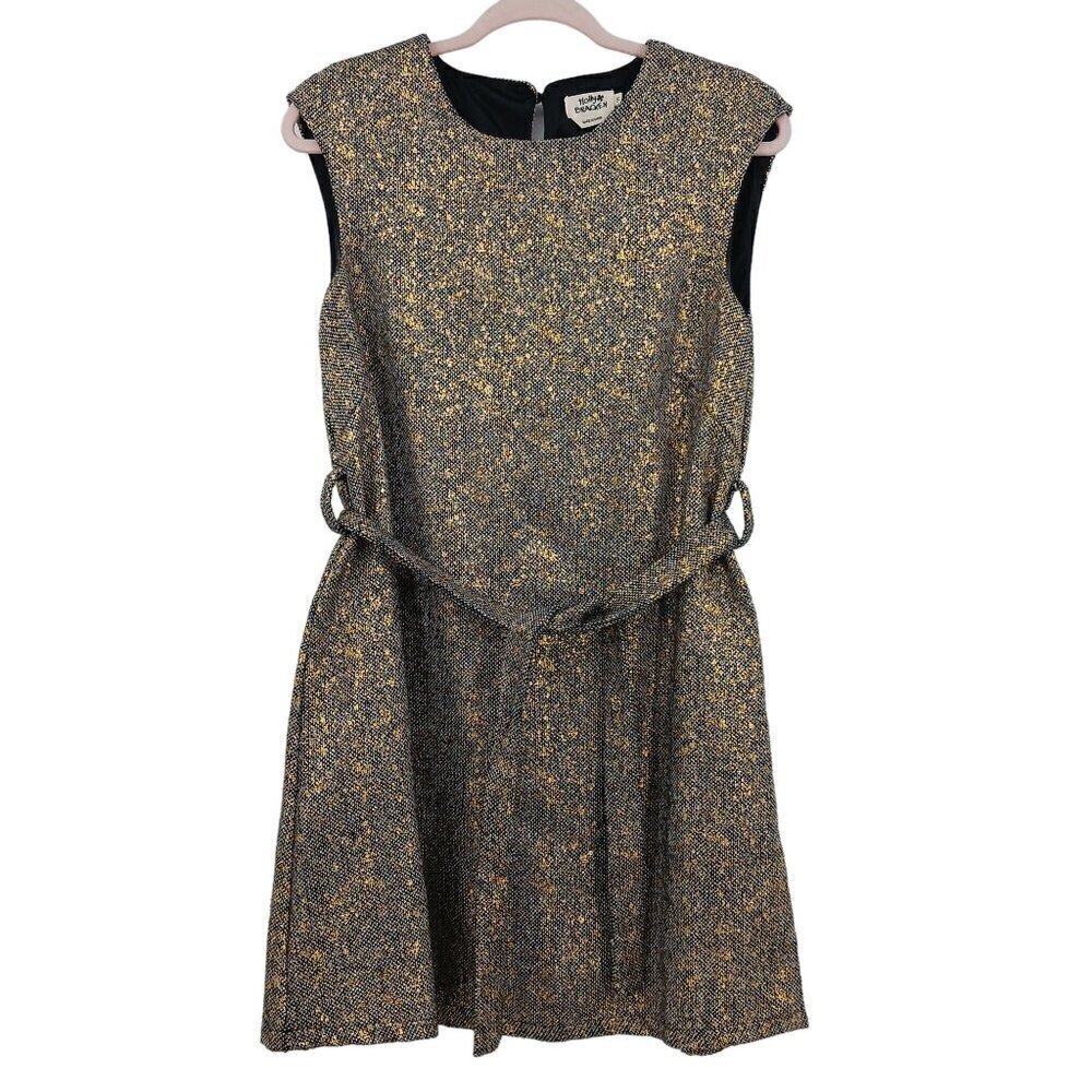 Molly Bracken Black Gold Metallic Sleeveless Mini Dress Belted Party Event